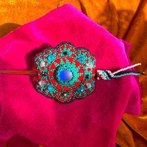 Handmade beaded artisan hair clasp w crystal accent holiday  gifts green  red